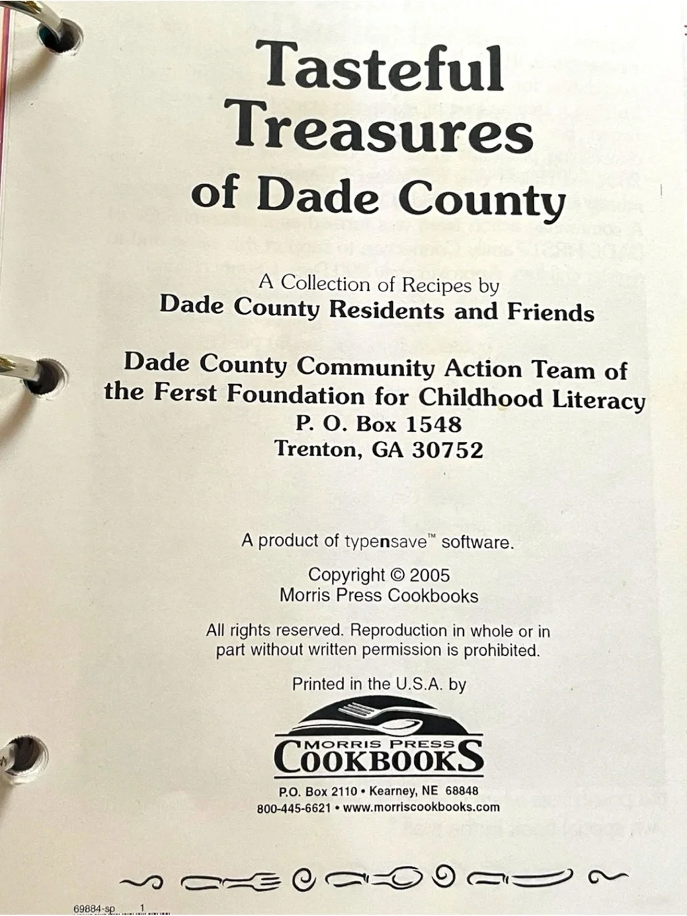 Tasteful Treasures Of Dade County Georgia 2005 Recipes Cookbook Binder